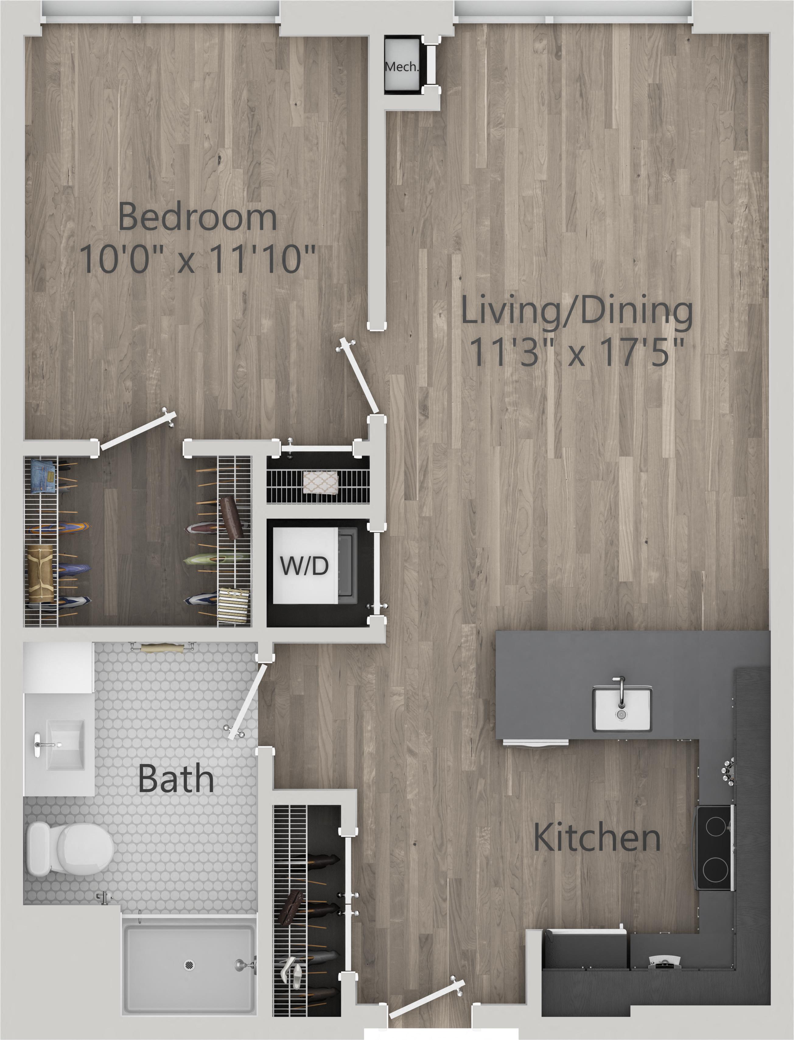 Floor plan for 1 bed, 1 bath, 687 sqft